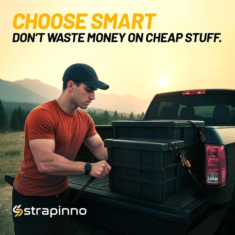 Strapinno Retractable Ratchet Straps 1 in x 10 ft, Secure Tie-Downs with Rubber-Coated Steel Handles, for Motorcycle, Jetski, Kayak, Breaking Strength 1,500LBS/680KG (Black Strap, Black Coated) - Image 5